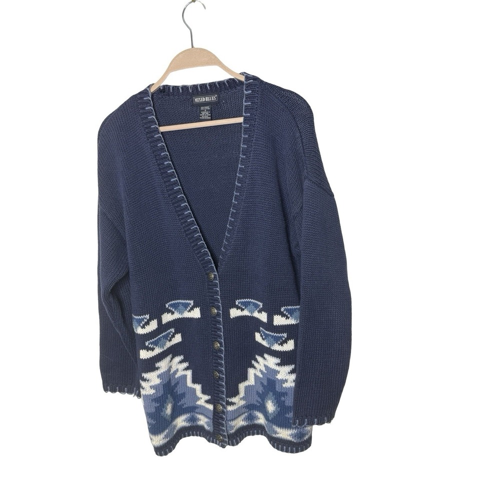 Vintage 90s Mixed Blues blue cardigan sweater southwest aztec‎ womens S